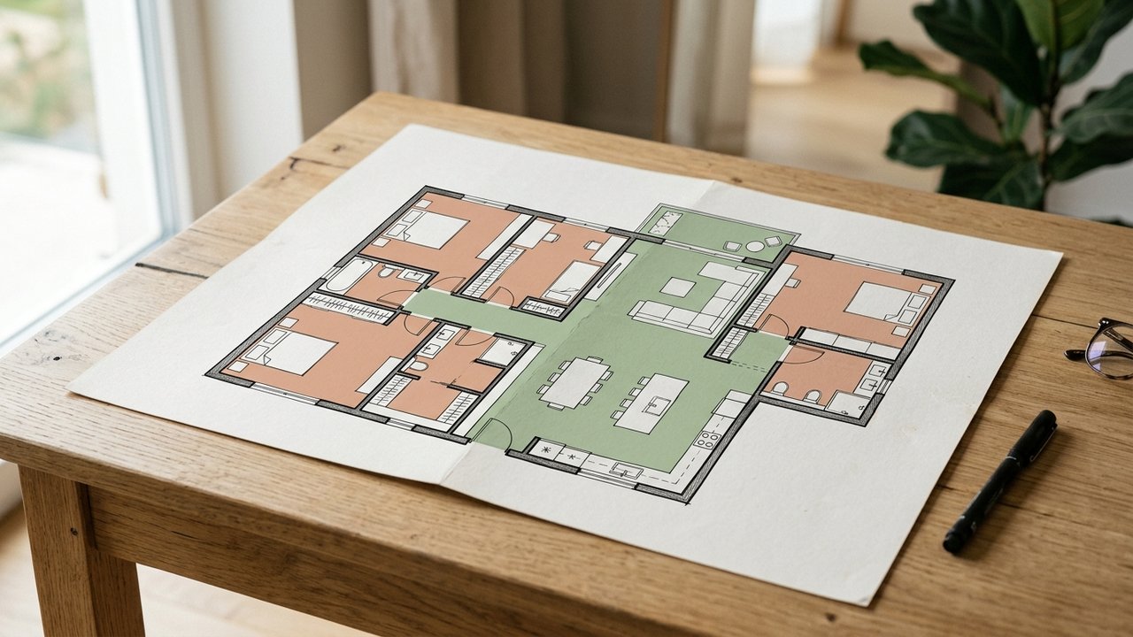 Plan d'appartement distinguant les parties communes et privatives en copropriété