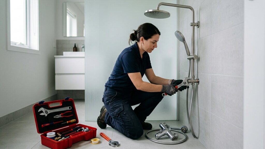 Remplacement d'une colonne de douche avec outils de plomberie