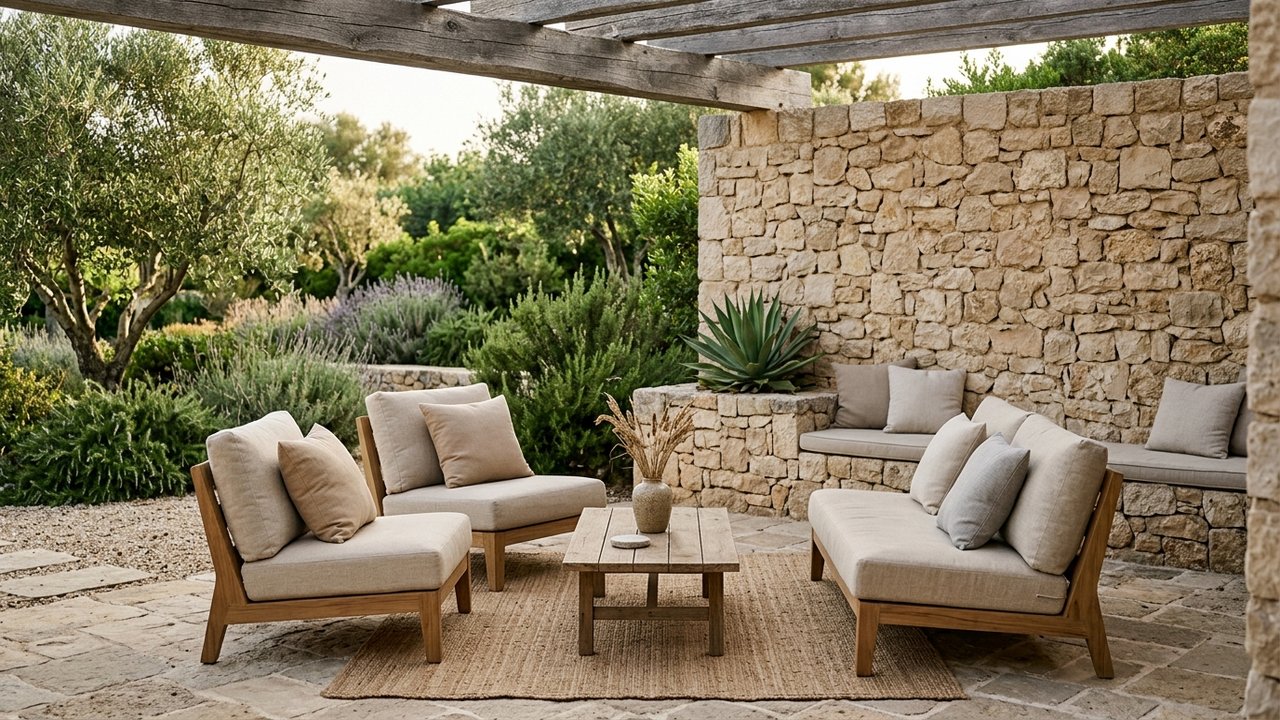 Zone lounge de jardin avec mobilier épuré et murets en pierre