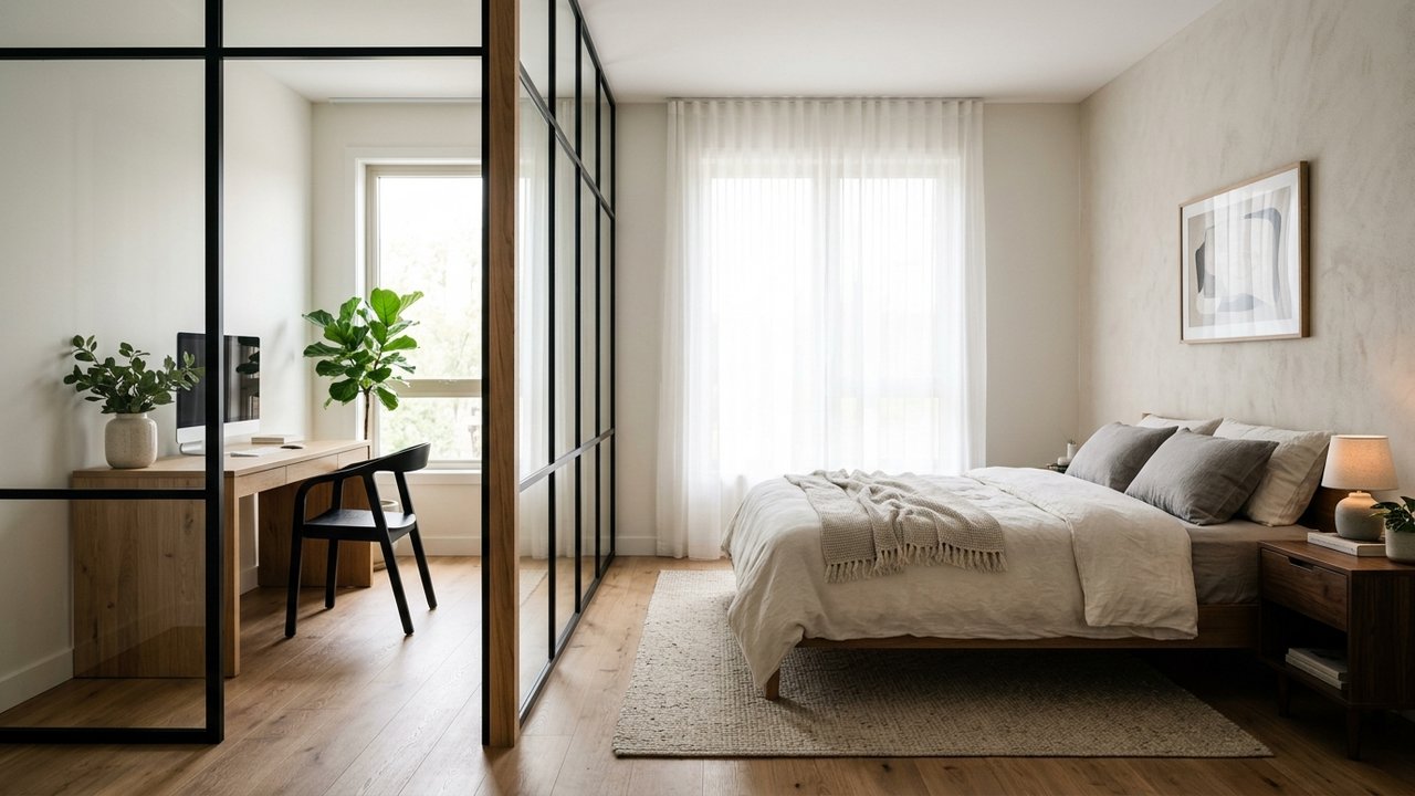 Séparation visuelle entre chambre et salle de bain avec verrière