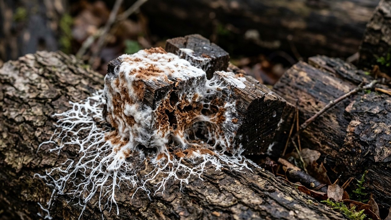 Signes distinctifs de la mérule : nappes blanches et bois friable