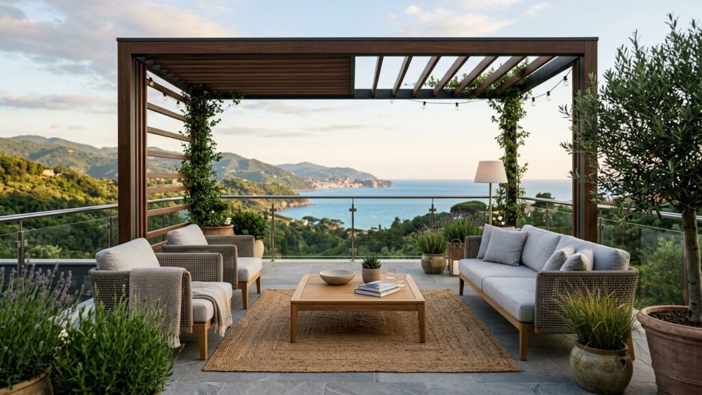 Espace détente extérieur avec salon de jardin haut de gamme et pergola