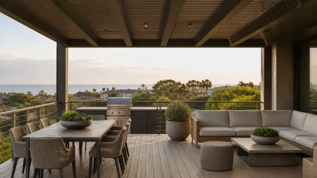 Aménagement d'une grande terrasse avec coin repas et salon