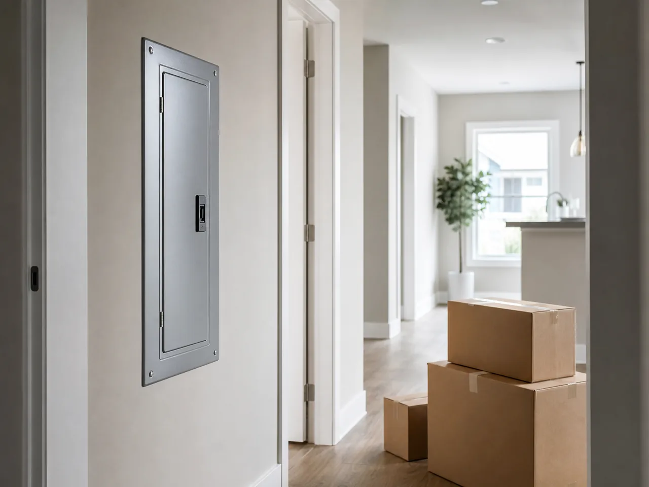 Tableau électrique près de cartons dans un logement en emménagement