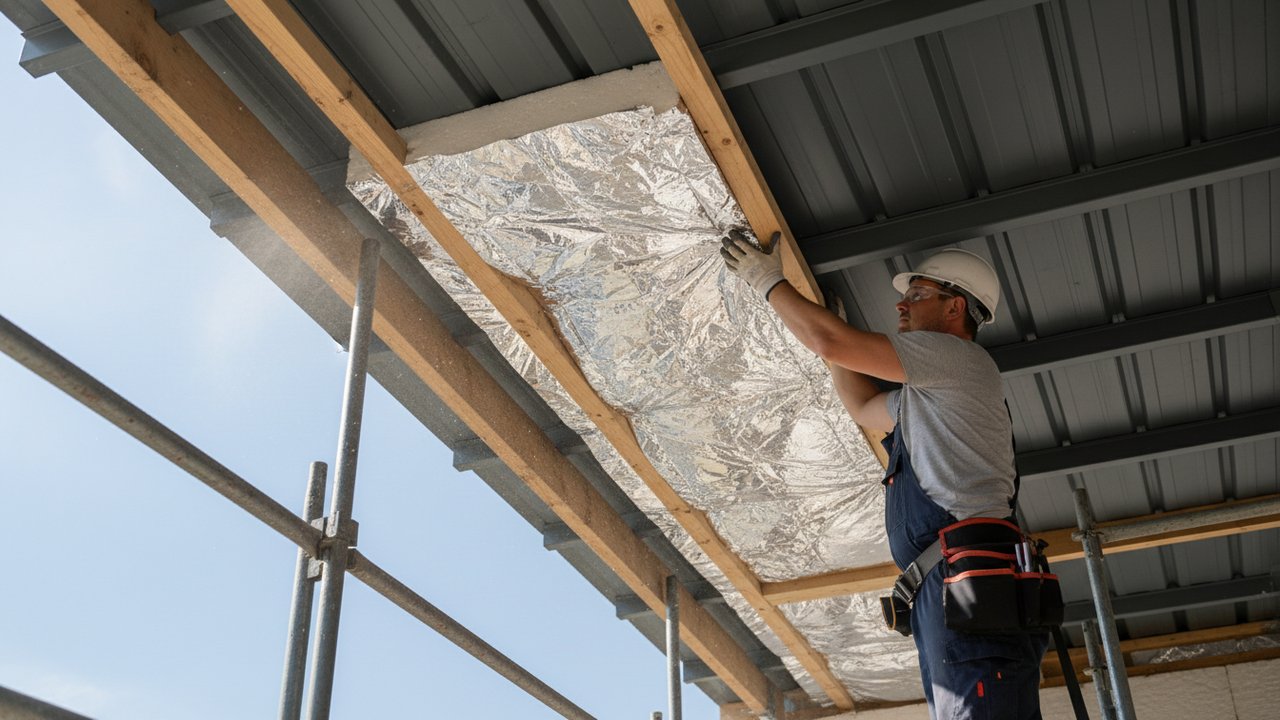 Installation d'isolant thermique sous tôle de toiture métallique