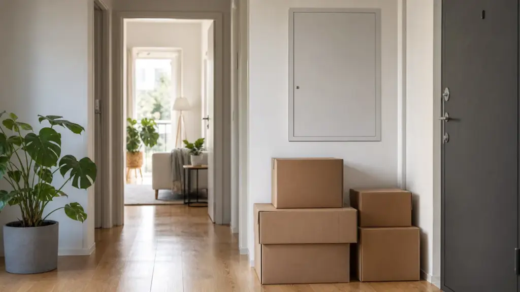 Entrée d'appartement avec cartons et compteur électrique lors d'un emménagement