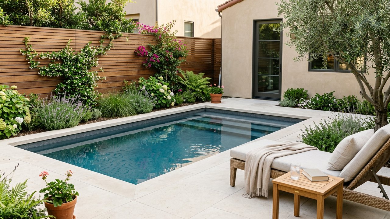 Petite piscine coque polyester de moins de 10 m² dans un jardin limité