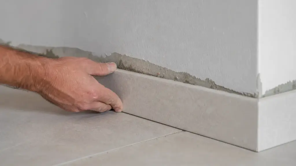 Pose de plinthes en carrelage contre un mur